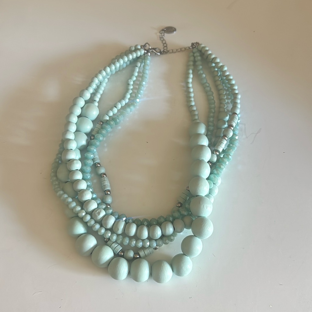 Gorgeous Multilayer Turquoise Crystal Stone Silver And Wood Necklace 25$